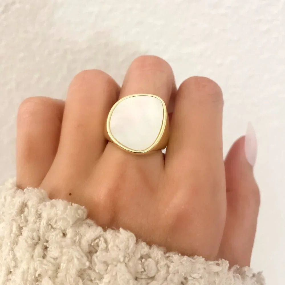 925 Sterling Silver Chunky Mother of Pearl Gold Statement Ring Thick Large Ring - Picture 4 of 8